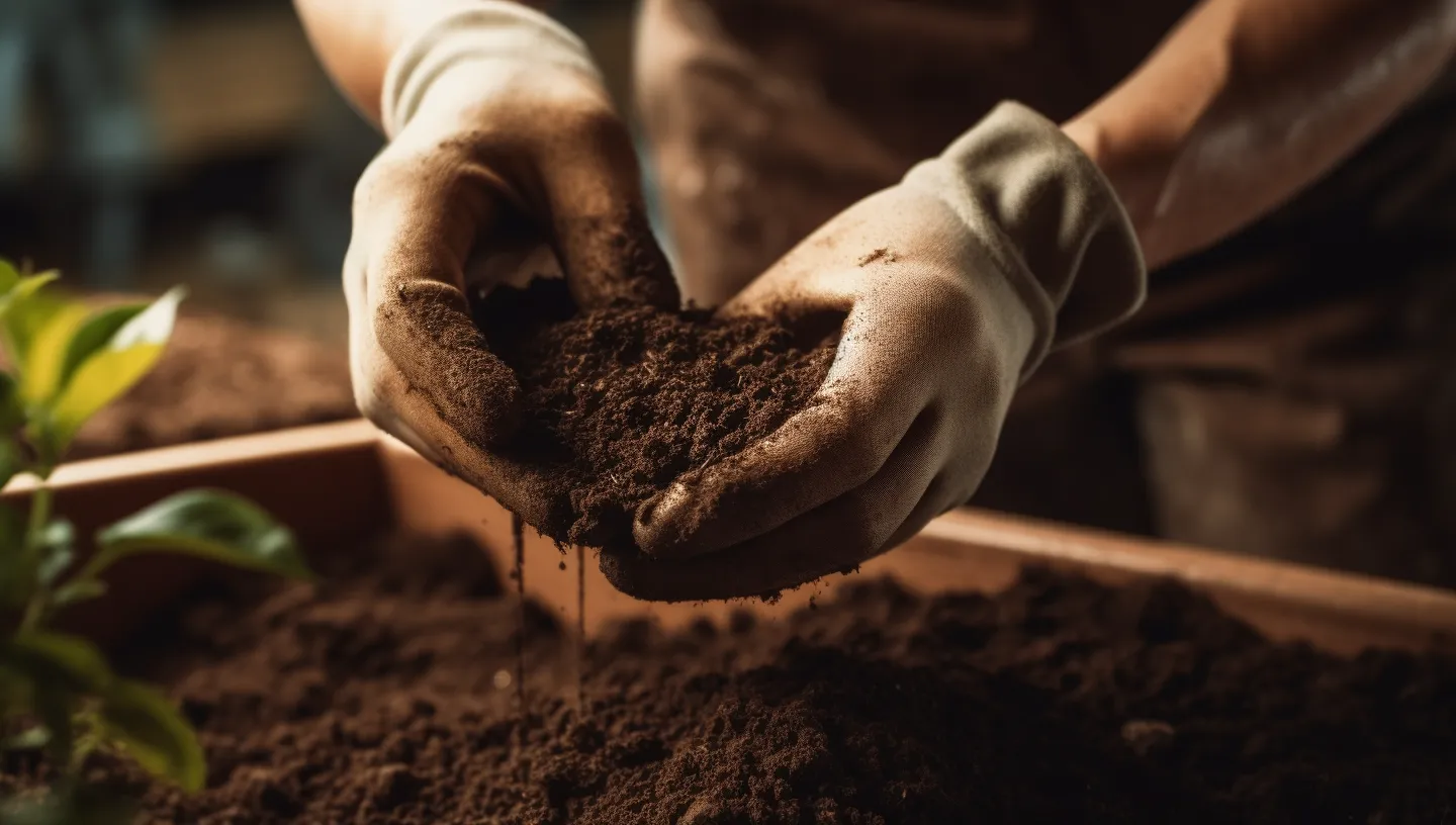 A farmer in gardening gloves handling soil.