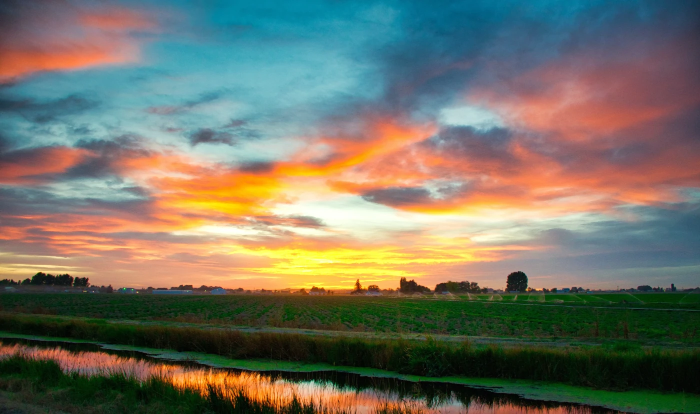 A scenic view of a farm sunset landscape