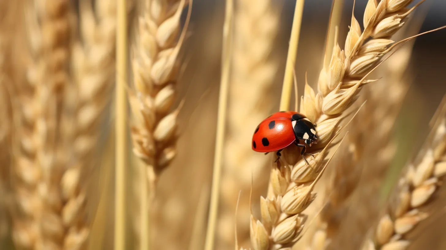 Ladybug perched on a barley stalk, acting as a natural deterrent to harmful farm pests.