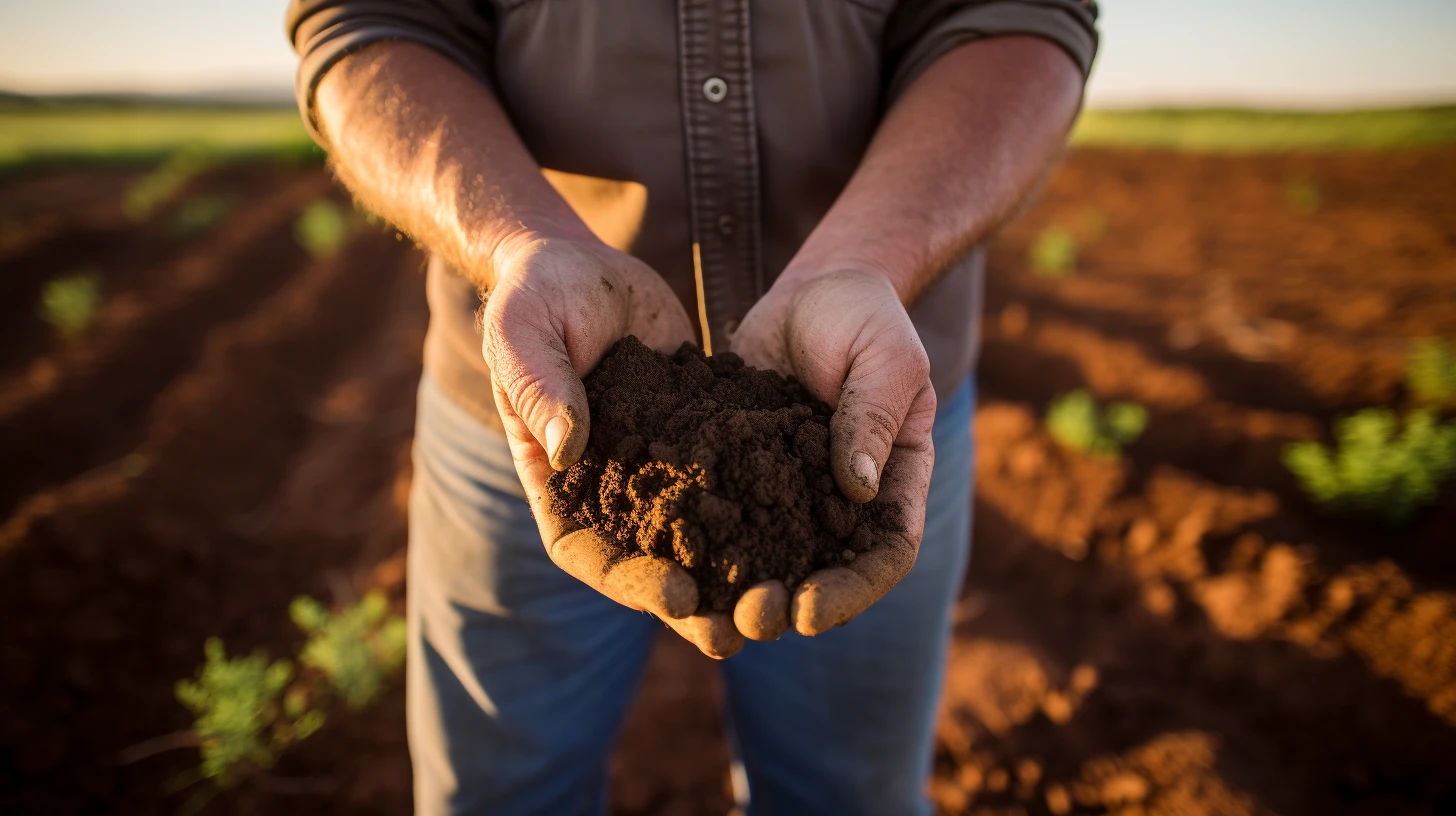 Farmer holding a handful of healthy soil.