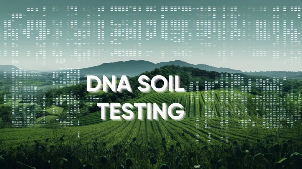 Farm field with DNA sequence highlighting nutrient availability through DNA soil testing