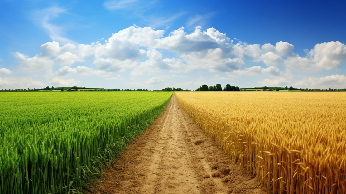 Contrasting lush green and golden wheat fields divided by a farming trail under a clear blue sky, demonstrating stages of crop growth.