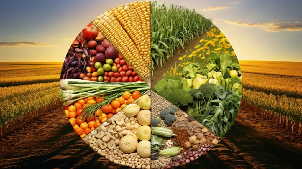 Pie chart illustration of diverse crops representing sustainable agriculture techniques on a backdrop of vast farming fields at sunset.