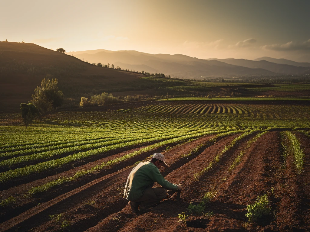 A farmer engaged in sustainable planting methods in the lush fields during golden hour, exemplifying eco-friendly agriculture.