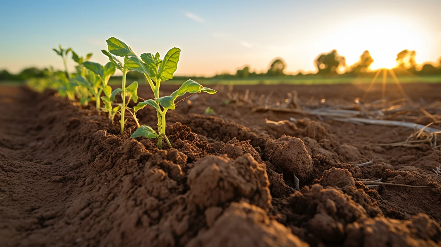 Young plants growing in fertile soil at sunset, demonstrating soil conservation and sustainable farming practices.